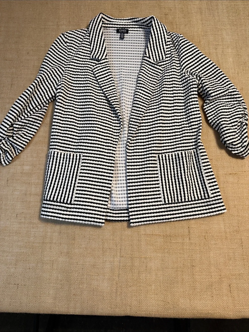 Jones New York Black and White Striped Open-Front Blazer